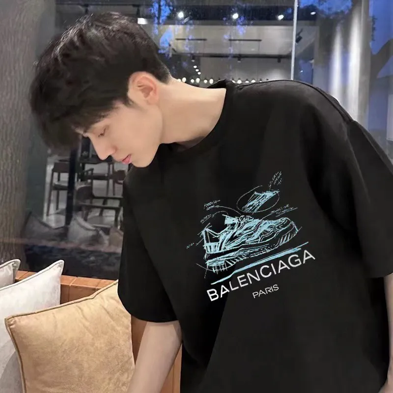 P80✨🔥 BALENCIAGA Paris lettering printed short-sleeved T-shirt, custom-woven and dyed 280g combed cotton heavyweight fabric, zero color difference in thread, perfect details, different from the current version on the market, welcome to compare, Same Style for men and women, must-sell in the picture above Color: White Black Size: 1 2 3 4